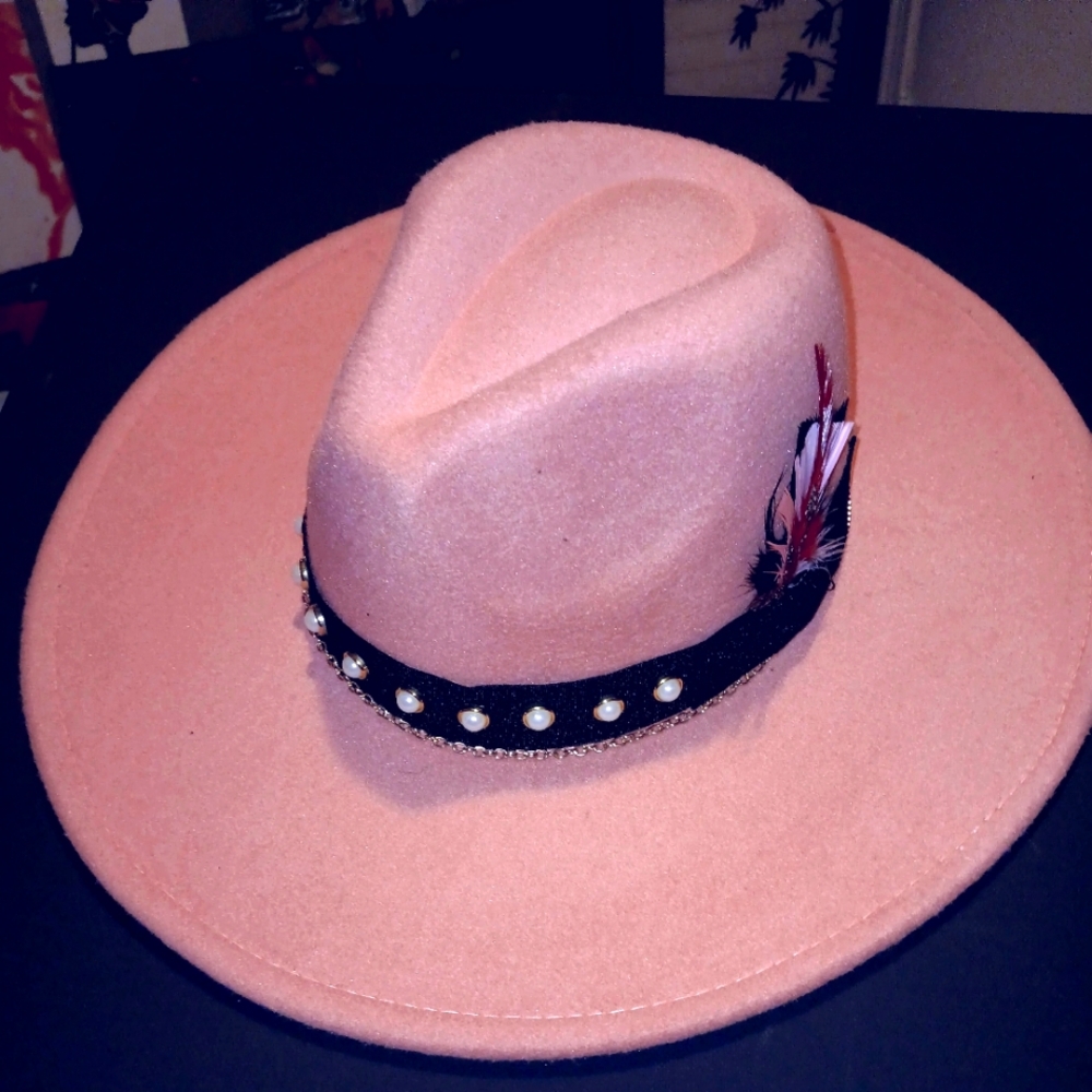 Custom Elegant Powder Pink Women's Hat with Embellishments Pearl Band,chain,pink